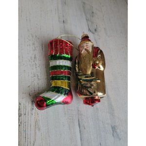 Rustic Santa Claus stocking blown‎ glass ornament Xmas set